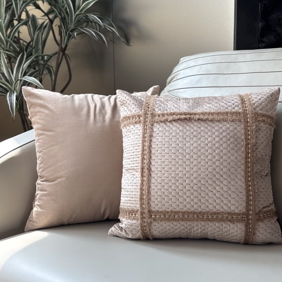 Synq Textured Grid Throw Pillow Cover, 18x18 Inch, Beige Modern Boho Decorative Cushion Case for Couch Sofa Bed, Aesthetic Home Decor, Hidden Zipper