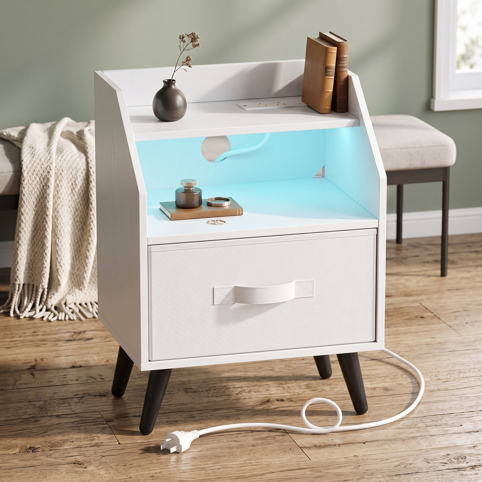 Furnibear Nightstand with LED Light and Charging Station and Fabric Drawer for Bedside Storage in the Bedroom and Living Room, White
