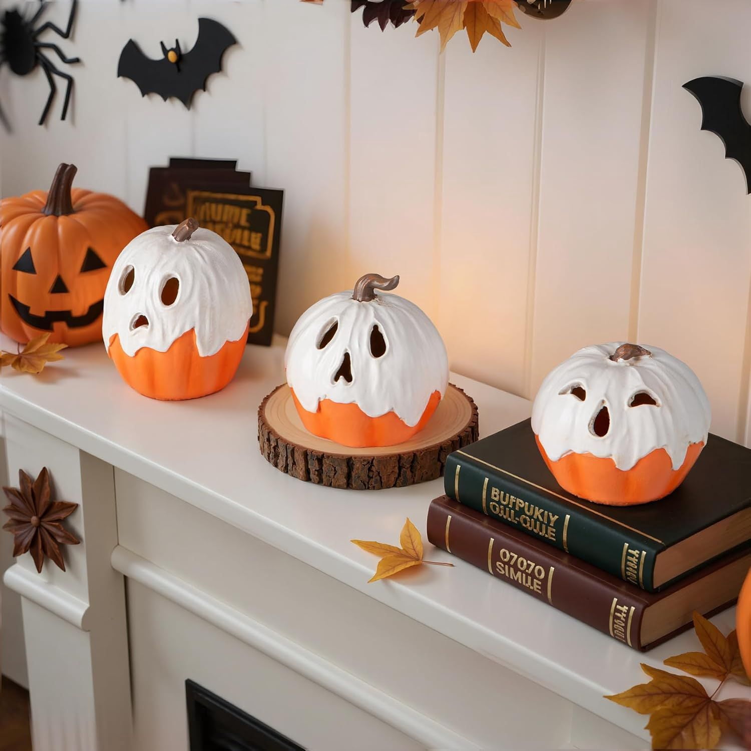 3 Pack Light Up Ghost Pumpkin Decorations with Warm Glow for Halloween
