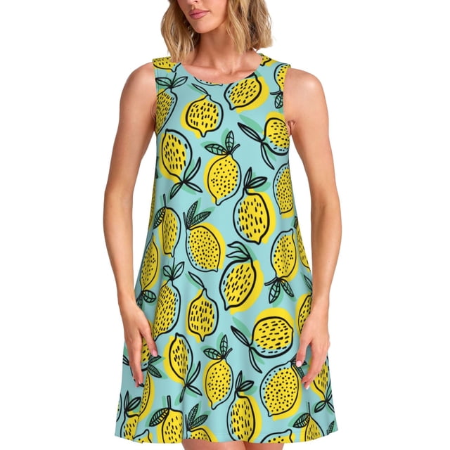 Vsdgher Robe d'Été à Imprimé Citron pour Femmes, Décontractée, Col en U, Robe de Plage Sans Manches, Débardeur Ample, Robe Soleil avec Poche