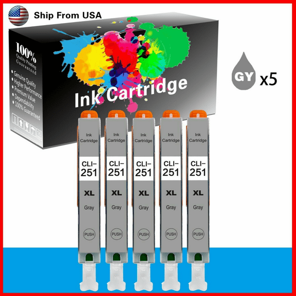 5Pack High-Yield Compatible Grey Ink Cartridge for Canon CLI251XL Grey CLI251 - Fits 8720 6820, MG5420