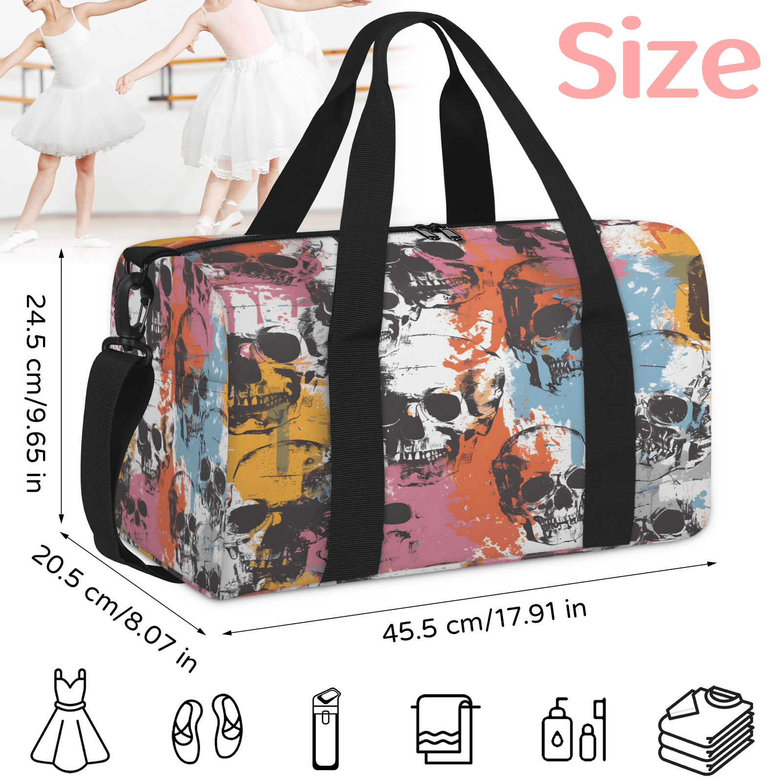 Herdesigns Color Skull Gothic Skeleton Gym Bag for Women, Duffle Bag for Travel Sport, Lightweight Waterproof Carry on Weekender Overnight Dance Yoga Workout Bags