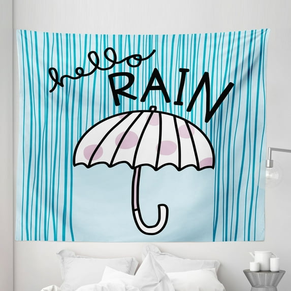 Autumn Tapestry, Hello Rain Handwritten Message with Umbrella, Fabric Wall Hanging Decor for Bedroom Living Room Dorm, 5 Sizes, Pale Blue Mauve, by Ambesonne