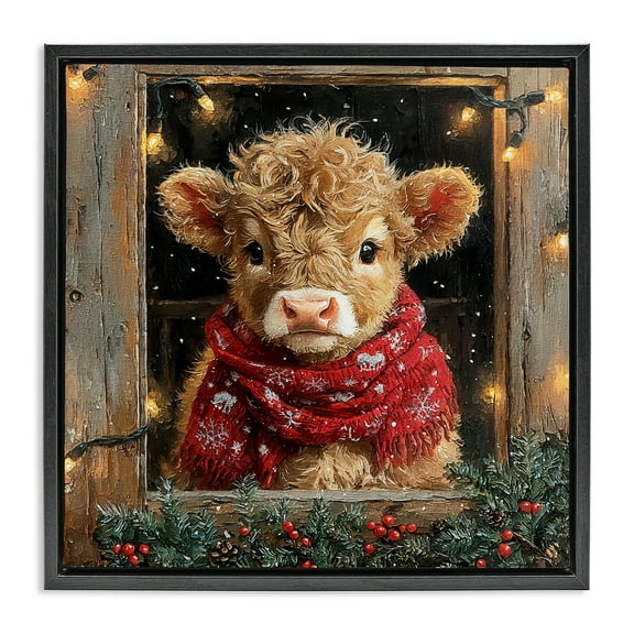 Stupell Industries Calf with Holly & Lights Garland Animals Painting Black Floater Framed Canvas Art Print Wall Art, 25 x 25
