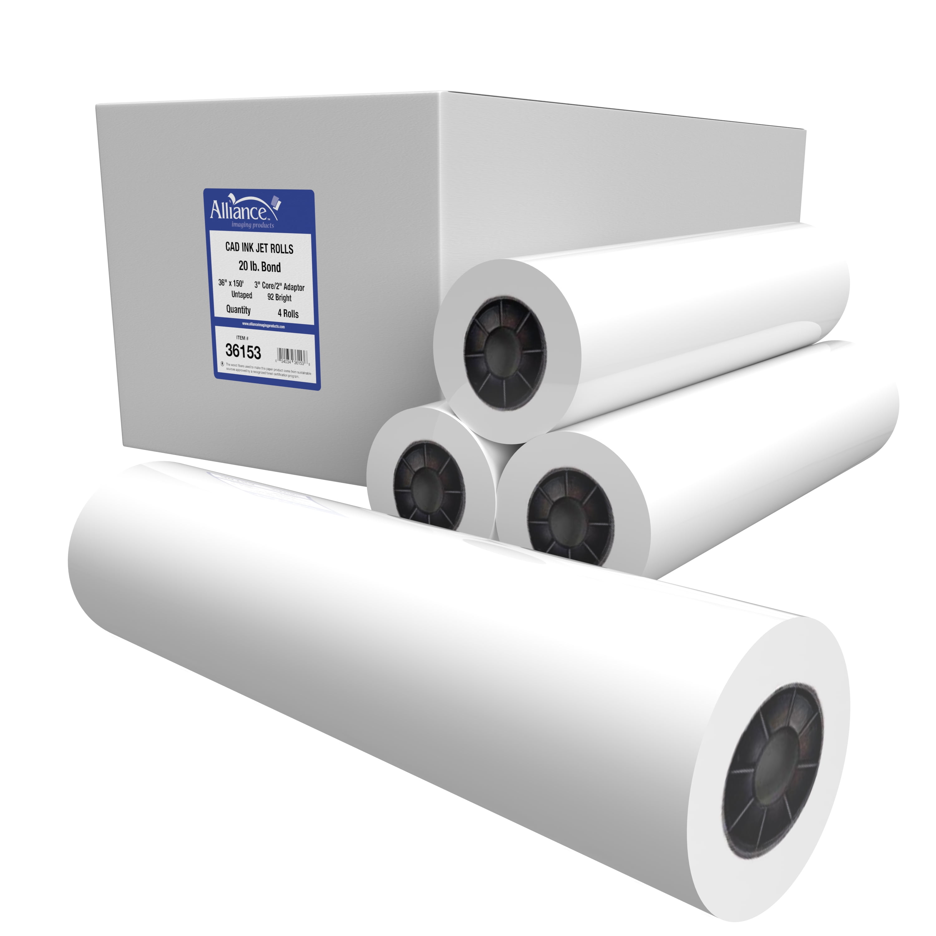 Alliance Wide Format Paper 36" x 150' CAD Bond 20lb 92 Bright 4 Rolls 3" Core w/ 2