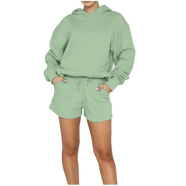 RKSTN 2 Piece Outfits for Women Fall Solid Color Long Sleeve Hoodies Pullover Tracksuit Pullover with Drawstring Sports Shorts