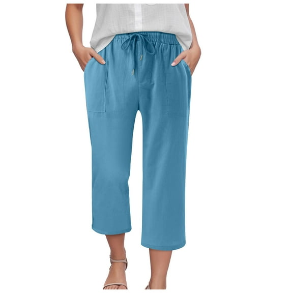 vigerkar Capri Pants for Women Casual 2025 Summer Drawstring Elastic High Waist Linen Pant Straight Wide Leg Cropped Trouser Blue, M
