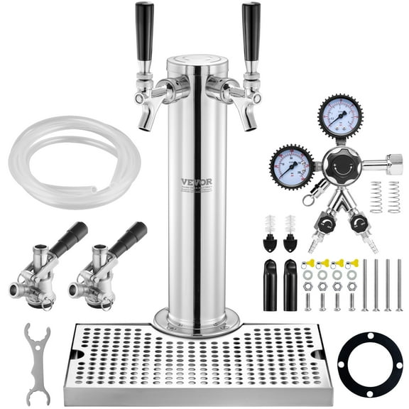 VEVOR Kegerator Tower Kit, Dual Taps Beer Conversion Kit, Stainless Steel Keg Beer Tower Dispenser with Dual Gauge CGA320 Regulator & D-System Keg Coupler, Beer Drip Tray for Party Home