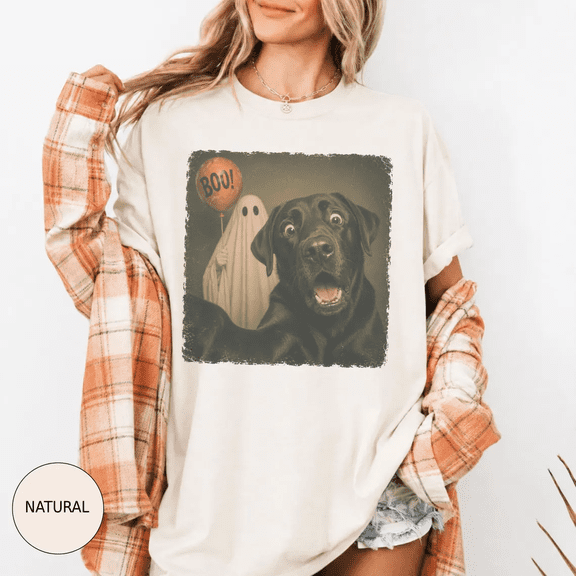 PAVIG Black Labrador Ghost Boo Halloween Shirt, Funny Vintage Dog Graphic Tee