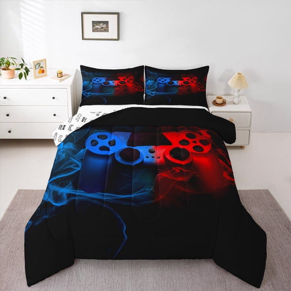 Game Comforter Set Twin Size,Teens Gamer Room Decor Duvet Insert, Gaming Console Bedding Set, Gamepad Video Games Joysticks Quilted Duvet,Modern Retro Bedroom Decor Red Blue