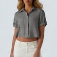 thumbnail image 2 of cfhntfmh Womens Cropped Button down Shirts Pleated Summer Dressy Casual Short Sleeve Blouse Collar Loose Fit Work Tops, 2 of 7