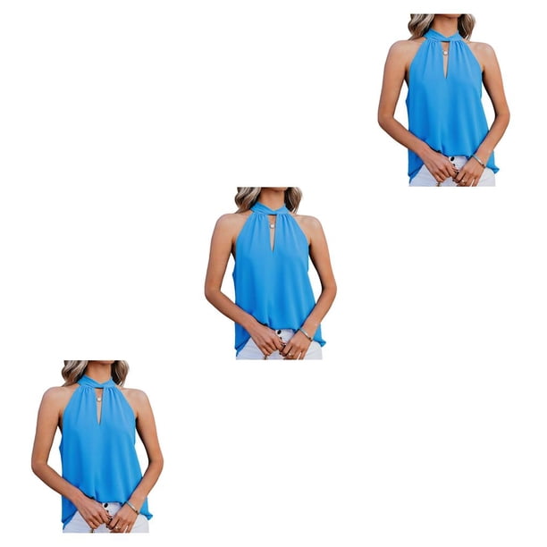 Minnieouse Blusa sin mangas de mujer Color sólido Tie Neck Pullover Shirt Compras Ropa de moda transpirable Top de verano Azul XL Azul XL 3piezas Minnieouse CBP251006