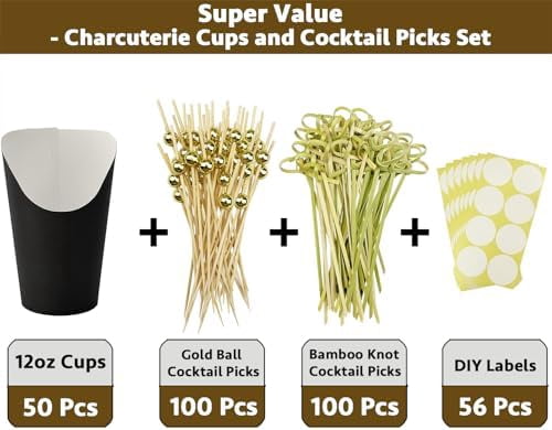 50 Charcuterie Cups + 200 Cocktail Picks + 56 Labels, 12 oz Disposable Charcuterie Cups with Sticks (2 Types), French Fry Cups Brown Paper Appetizer Cups for all Occasions（Black）