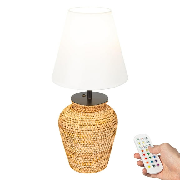 Kiven Cordless Table Lamp, Dimmable LED Vase Lamp with White Fabric Lampshade, Brown Rattan Pot, 1-Light Rechargeable Nightstand Lamp for Office Reading Home Decor Bedside TD0616