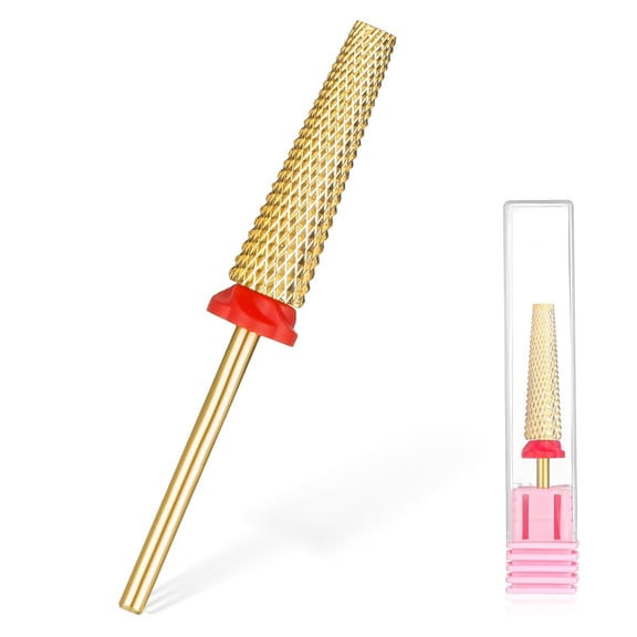 KASIU Super Long 5 in 1 Nail Drill Bits 3/32'' Cross Tapered Carbide Bit Carbide Tungsten Bits 5 in 1 Nail Drill Bit Two-Way Rotate Acrylic Long Nails Polishing Manicure Pedicure Gold Fine-F