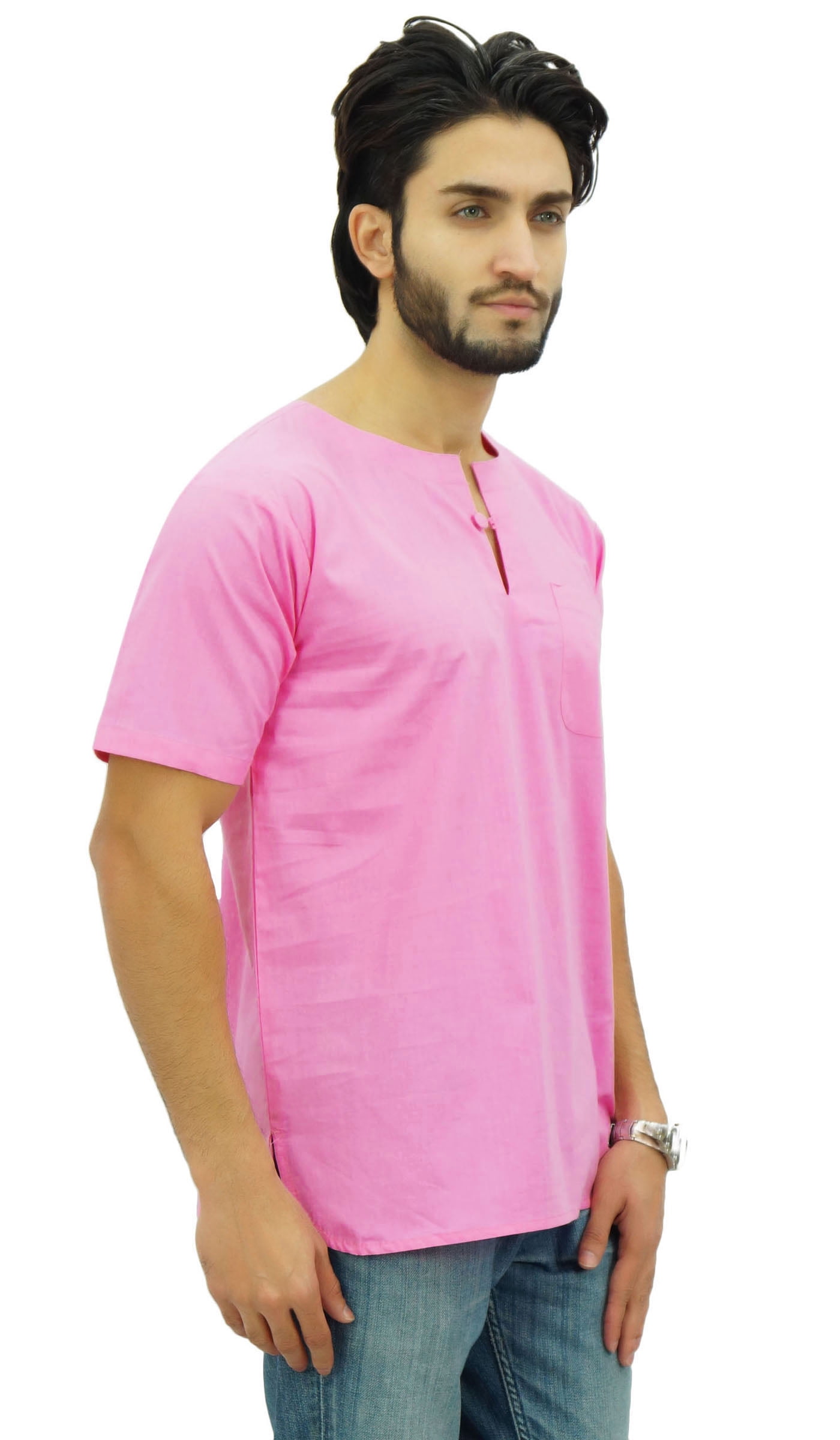 Atasi Men's Short Baby Pink Kurta Cotton Casual Shirt Ethnic Tunic