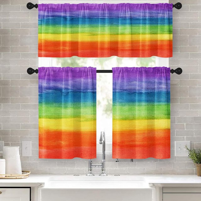 Colorful Stripes Kitchen Curtains Rainbow Window Curtains and Valances Set 36 Inch, Abstract Painting Art Short Tier Curtain for Kitchen, Modern Small Kitchen Decor