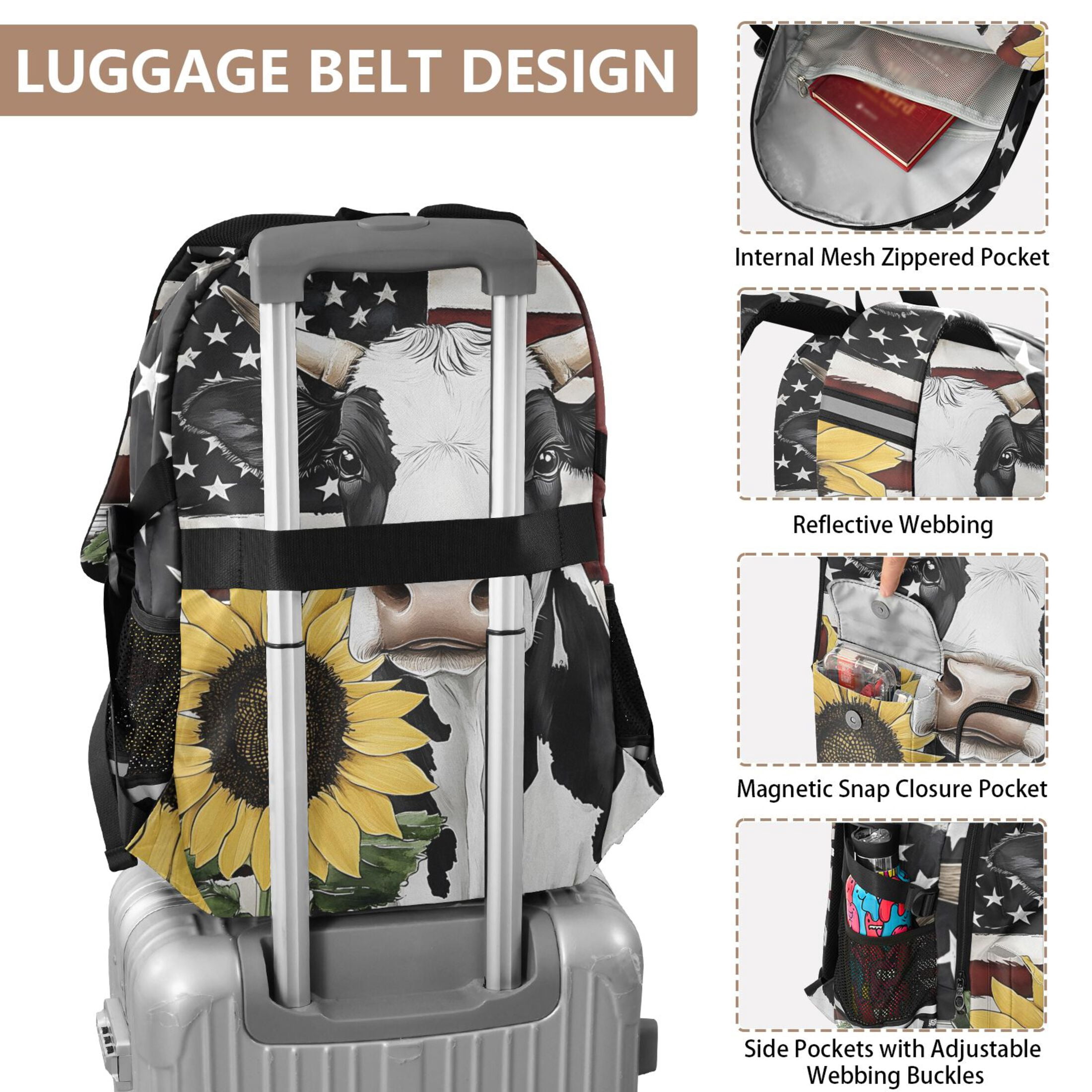 ALAZA Cow with Flag Sunflower Print Student Backpack School Bookbag Large Laptop Daypack Travel Bag