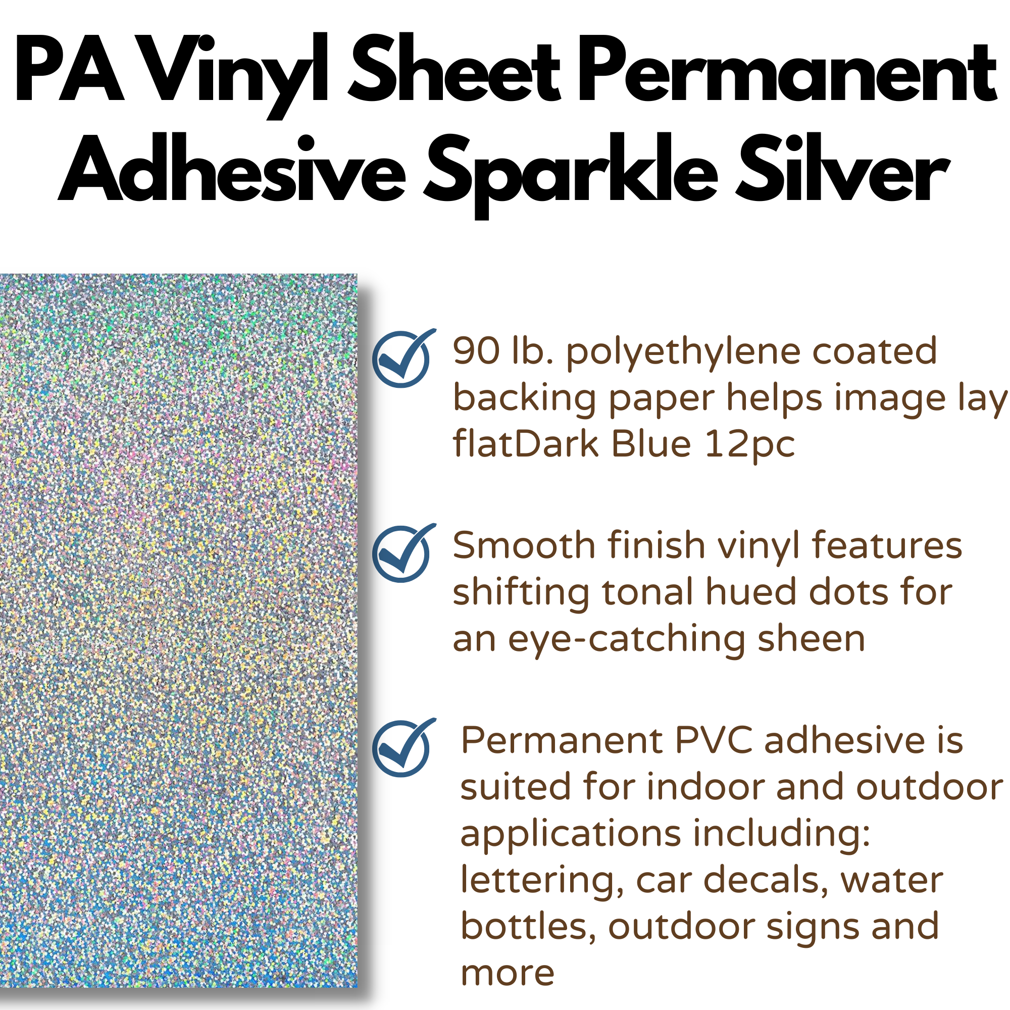 PA Vinyl Sheets 12 piece, Silver Sparkle, Permanent, Adhesive, Glossy & Waterproof, 12" x 12" Sheets for Cricut, Silhouette, Cameo, Craft Cutters, Printers, Crafts and Decals