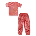 thumbnail image 4 of Sinleey Kids Hip Hop Outfits for Girls Boys Shiny Metallic Dance Tops and Sparkly Pants Trousers Set Red 170, 4 of 5