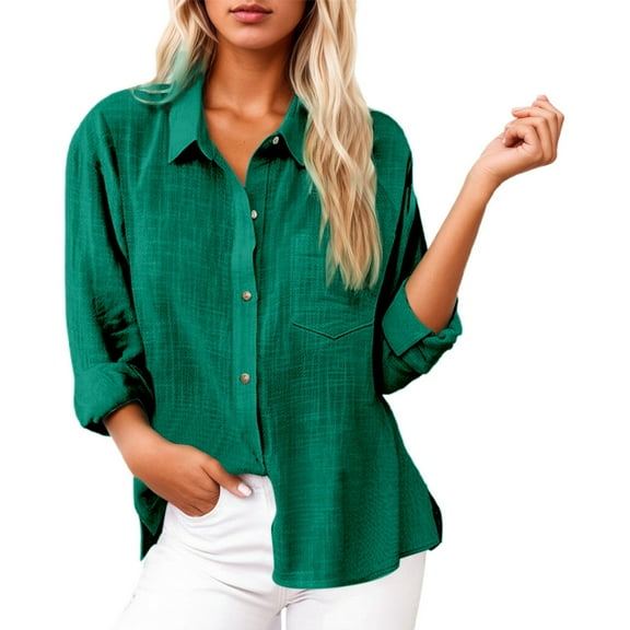 Button Down Shirts for Women Cotton Linen Long Sleeve Collared Blouses Side Slit Dressy Casual Business Work Tops with Pockets