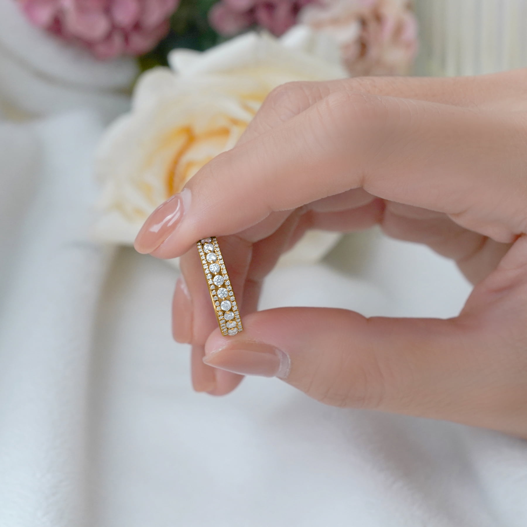 JeenMata Double Pave - 0.75 Carat Round Brilliant Cut Moissanite - Eternity Anniversary Ring - 18K Yellow Gold Plating for Women