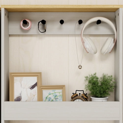 69" Tall Bookcase behind the Door with 4 Shelves and 5 Hooks, Space-Saving Narrow Storage Cabinet for Living Room, Bedroom, Hallway, Antique White