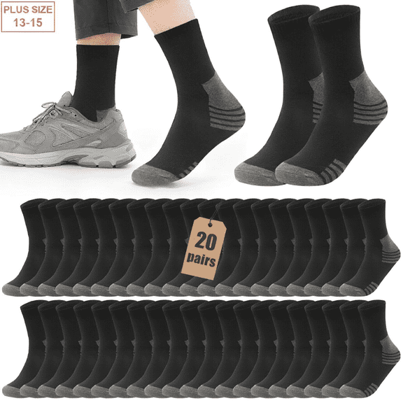 Usavemo 20 Pairs Mens Plus Size Socks Casual Socks Athletic Ankle Socks for Men Size 13-15