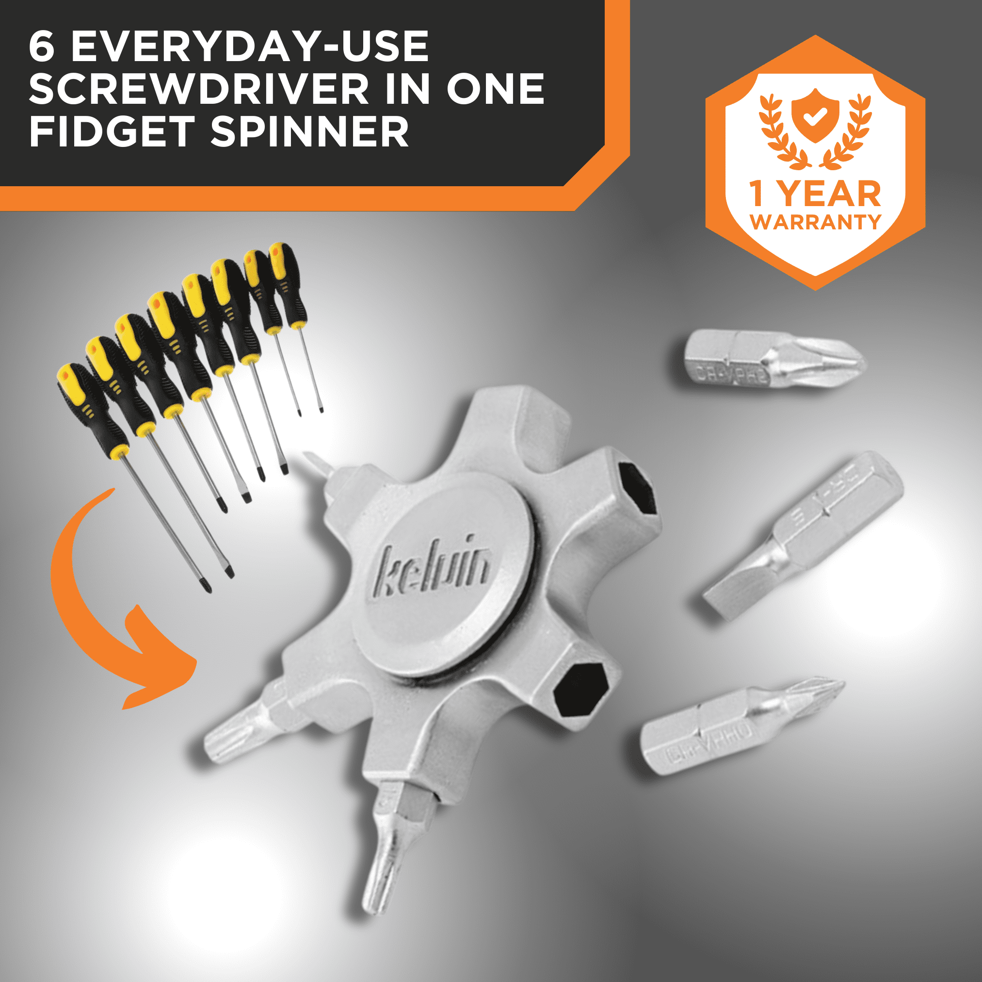 Kelvin Tools Kelvin 07 Fidget Spinner Multitool - Pocket Spinner Multi-Screwdriver with Six Chromoly Steel Heads, Multi Bit Screwdriver for Adults, Includes 2 Straight, 2 Phillips, 2 Torx Bits