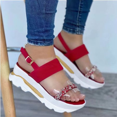 

Aayomet Beach Sandals for Women Ladies Fish Wedge Mouth Breathable Strap Rhinestone Heel Shoes Sandals Flowers Buckle Women s Red 8