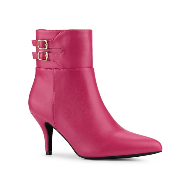 Unique Bargains Women's Pointed Toe Buckle Stiletto Heels Ankle Boots Hot Pink (Size 9)
