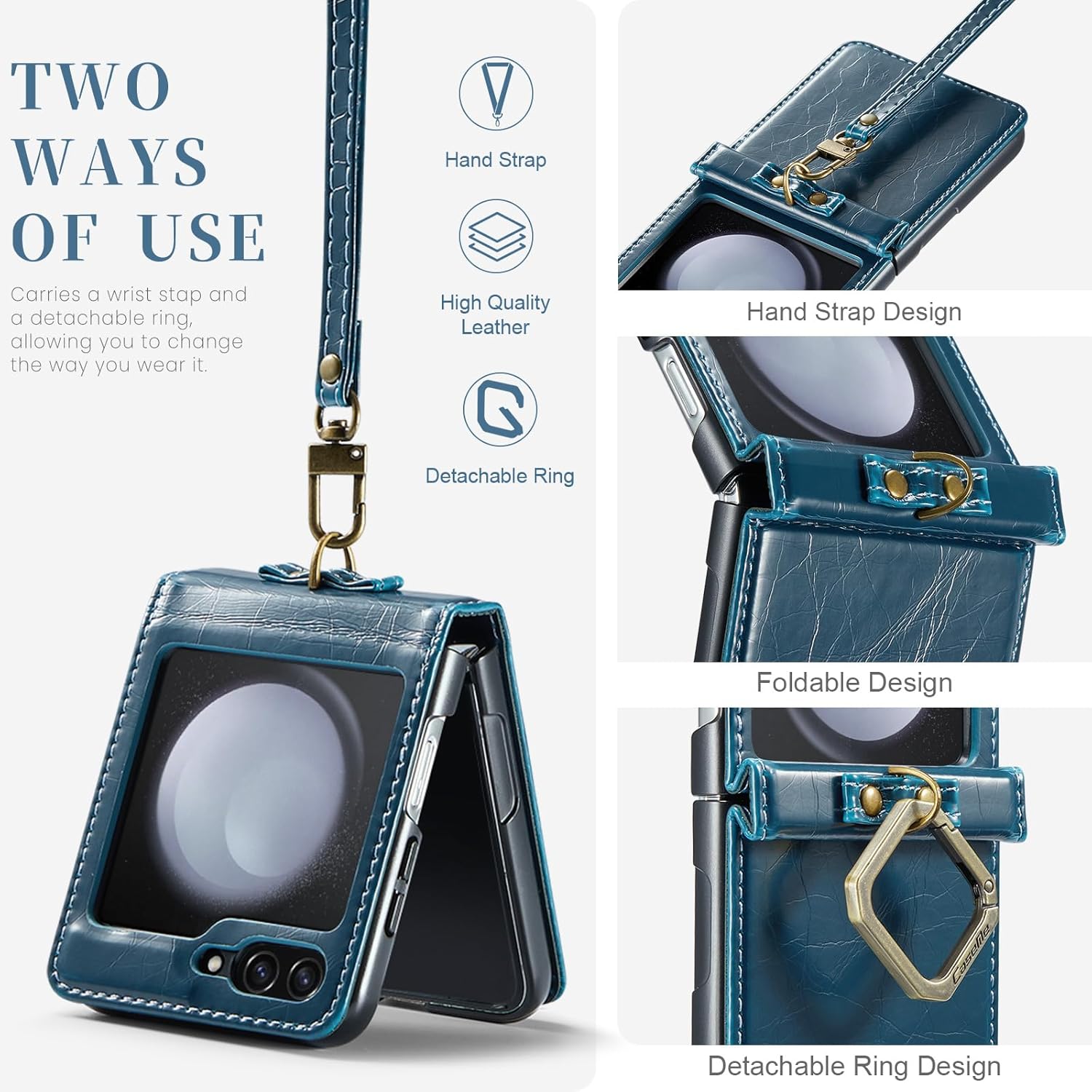Phone Case for Samsung Galaxy Z Flip 5 5G 2023 with Lanyard Wrist Strap Thin Slim PU Leather Shockproof Hard Shell Protective Cell Cover ZFlip5 Z5 G Flip5 5Z Women Girls Blue