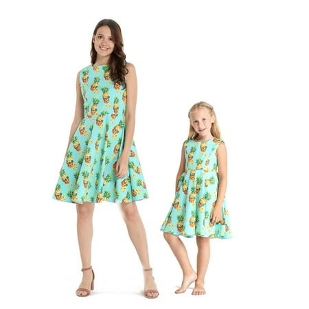 Matching Hawaiian Luau Mother Daughter Vintage Fit and Flare Dresses in Halloween Pineapple Skull