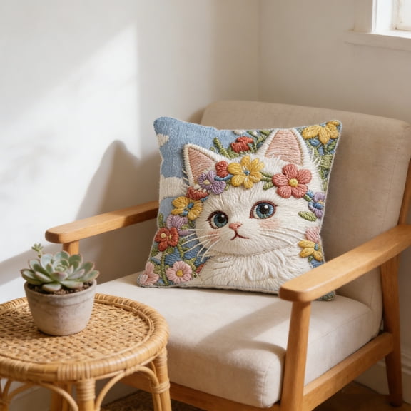 Tuvgenk Comfort Throw Pillow Covers Cat Square 16x16 in Spring Pillow Covers Decorative Home Animals Embroidered Couch Cushion Covers with Zipper