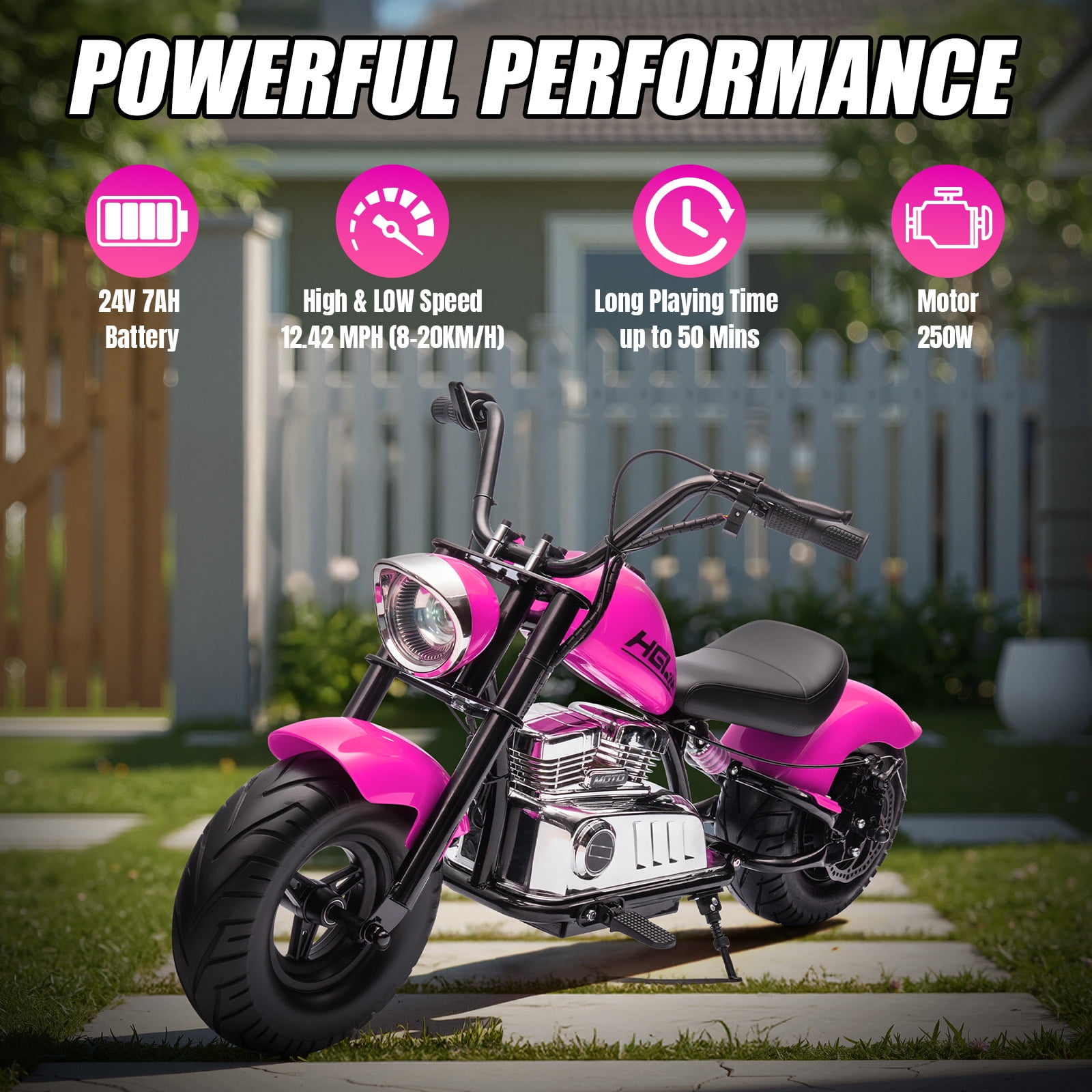 MUKIDY 24V Electric Dirt Bike for Kids, 250W Ride on Motorcycle with Twist Grip Throttle, Key Start, Music, Speed up to 12.4 mph, Age 8+, Pink