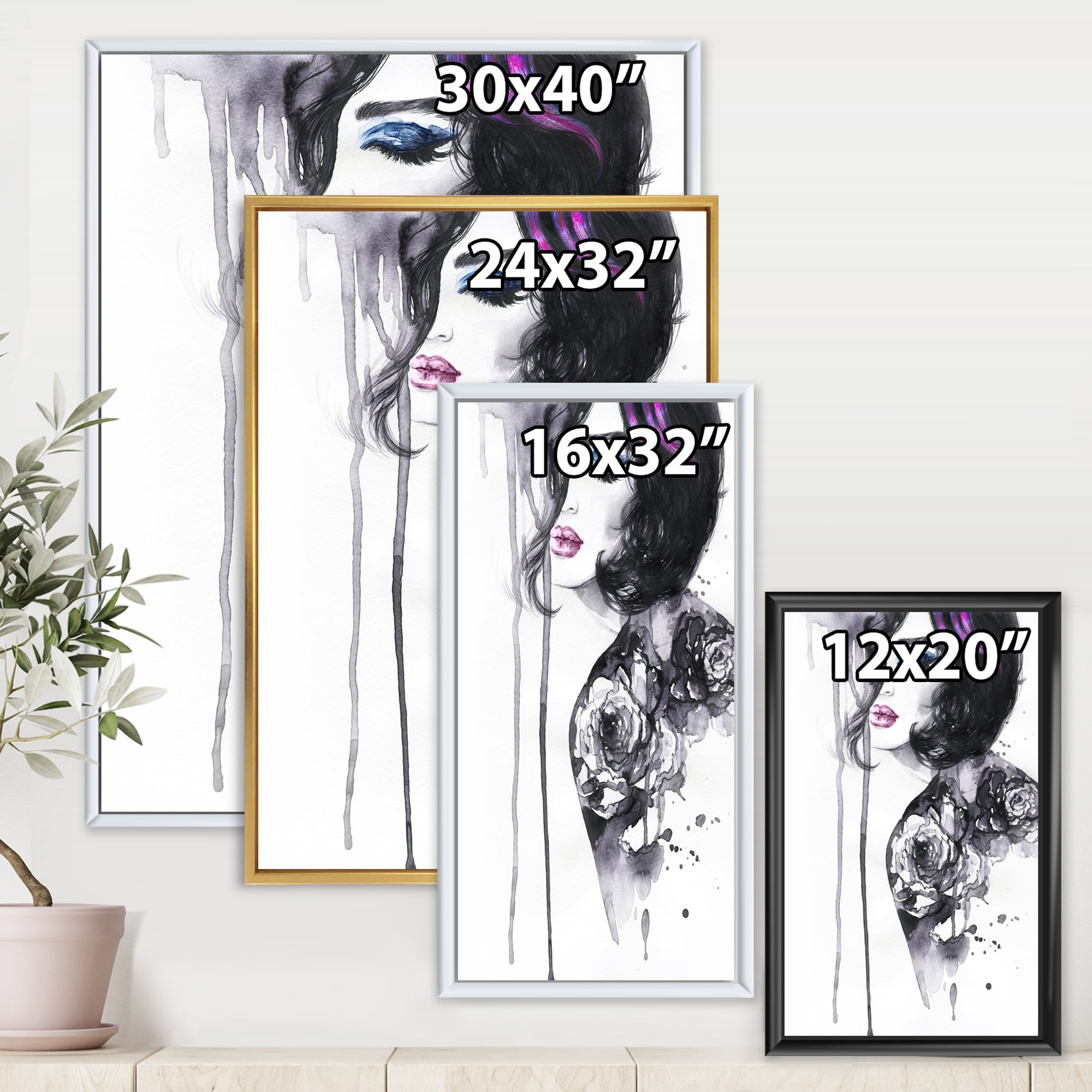 Designart 'Monochrome Female Portrait With Colorful Makeup' Modern Framed Canvas Wall Art Print