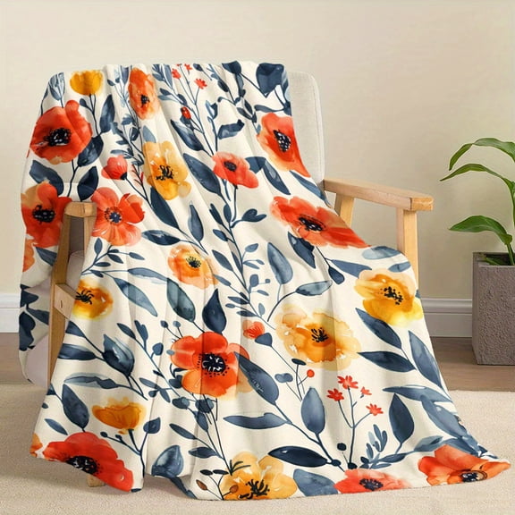 Cozy Warm Blanket for Naps Travel Cozy Vintage Watercolor Orange Floral Print Blanket Soft Warm Flannel Throw for Naps Camping Travel Home Decor Perfect Gift for Friends Family Loved Ones