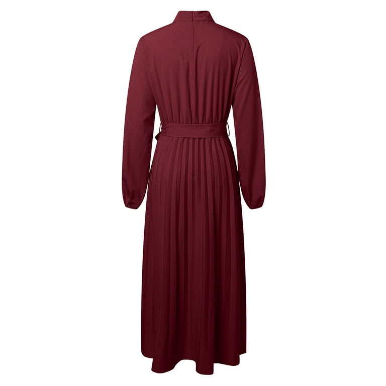 belted winter dress Jane Wardrobe Elegant Neck Pleated Midi Dress, Long Sleeve Belted Waist  A-Line Dress, Fall Winter Formal Outfit, 1 Piece, S-XL