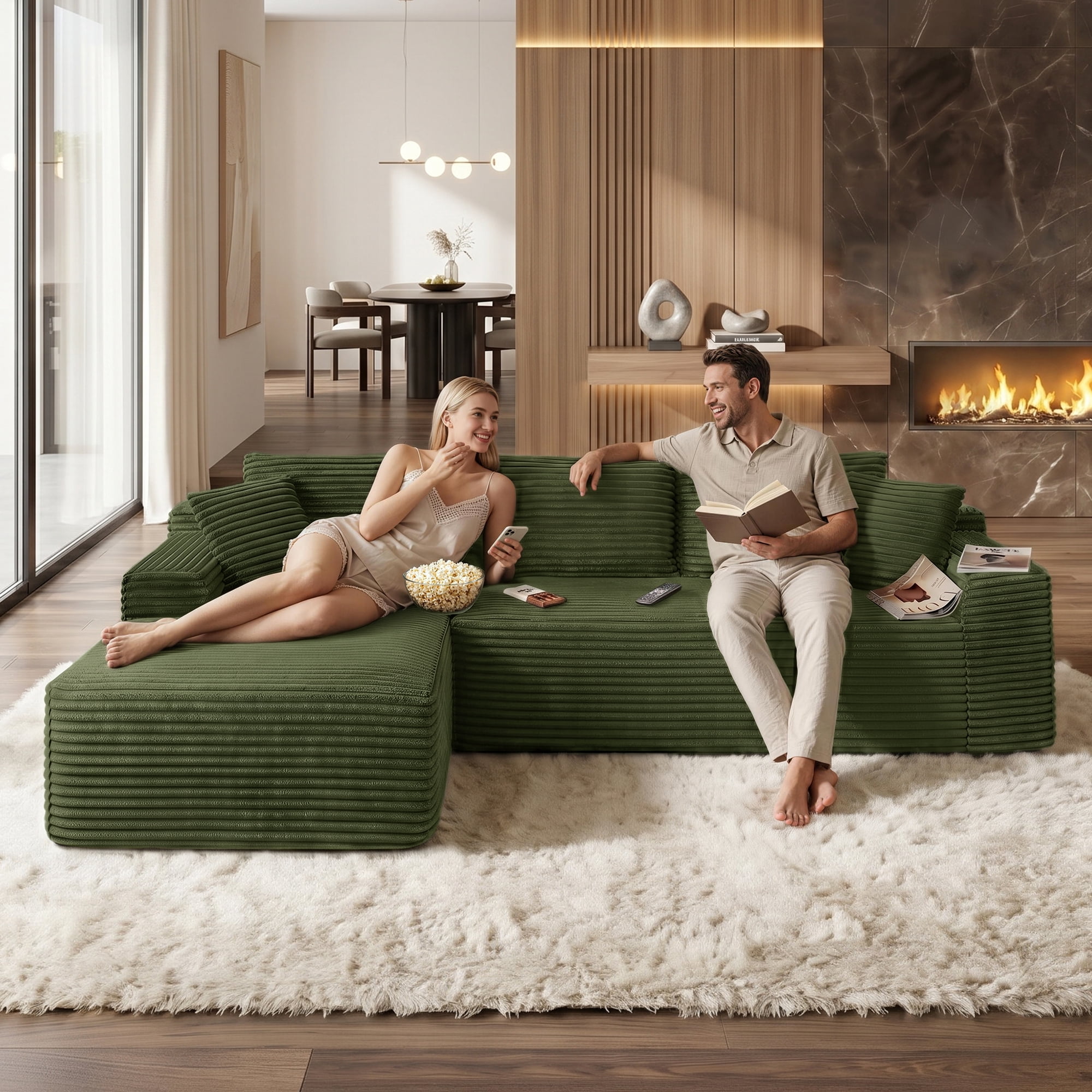 Aukfa 96" Cloud Sectional Couch, Modular L Shaped Boneless Sofa with Left Facing Chaise&2 Storage Pockets, Green