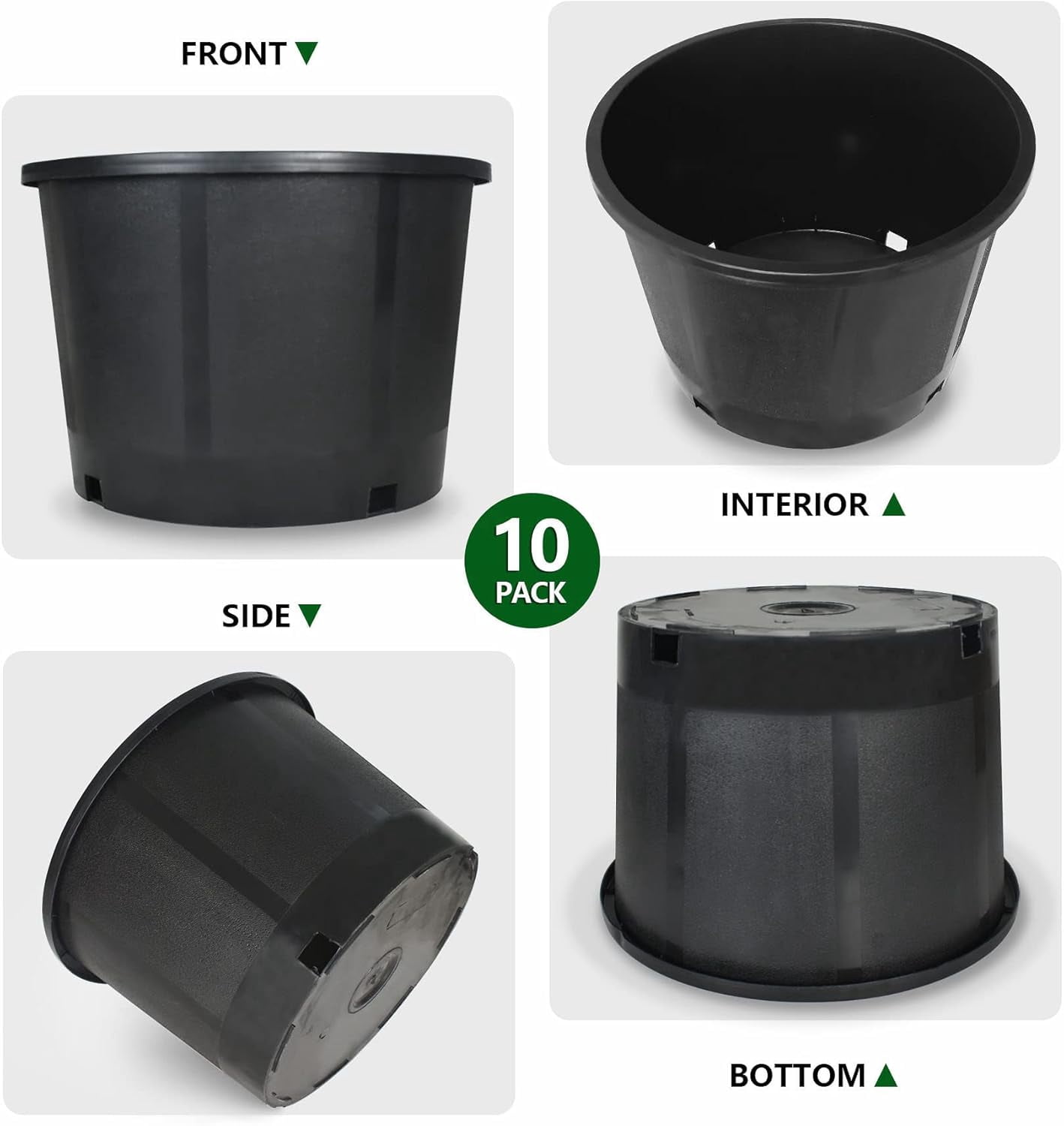 10-Pack 3.9 Gallon Round Planter Nursery Pots, Flower - Container - Molded Plastic Nursery Pots Gardening Pots for Indoor Outdoor Vegetables, Succulents, Black