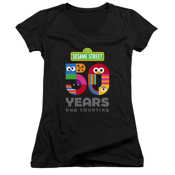 Sesame Street 50 Years Logo Junior Women's T-Shirt V-Neck Black