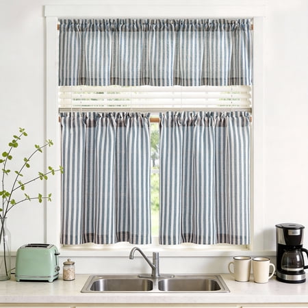 TOPICK Striped Kitchen Curtains and Valance Set 36 Inch Small Linen Curtains for Cafe Living Room Bathroom Farmhouse 3 Pieces Set Rod Pocket Blue