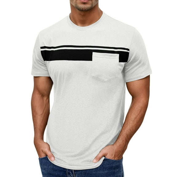 MIXUE Shirts For Men Summer Solid Color Striped Round Neck Short Sleeve Tops Pullover Tee Shirts Streetwear,White,XXXL
