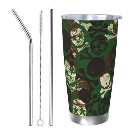 

Qekee Camouflage Skull Print 20OZ Car Cup Stainless Steel Vacuum Insulated Tumbler Tumbler Cup With Lid And Straw Travel Coffee Mug-Straw Three-piece Set