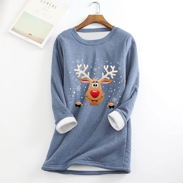 Kcavykas Haut Automne 2024 pour Femmes, Haut de Noël Imprimé Col Rond avec Poche Épaissi en Peluche Manches Longues /bleu, (m)