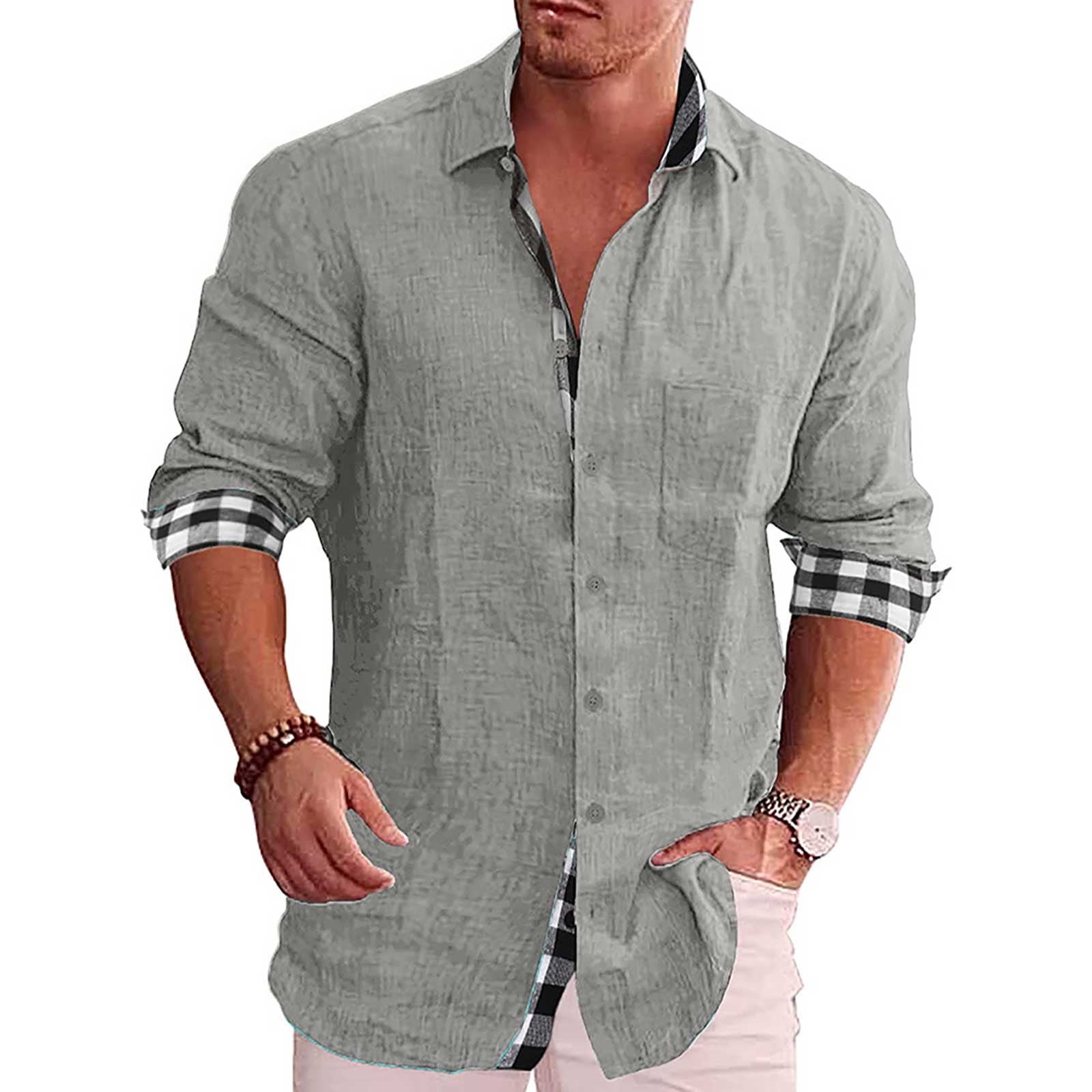 2022 Men's Cotton and linen Button Down Shirts Casual Long