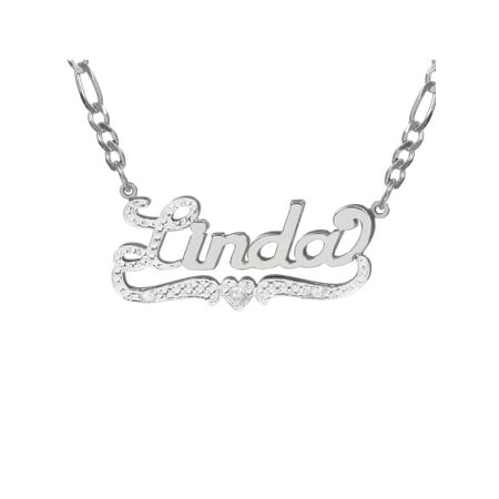 - Personalized Sterling Silver, Gold Plated, 10k or 14k Nameplate Necklace with First Initial and Tail Beaded and Rhodiumed with an 18 inch Silver Plated Figaro Chain
