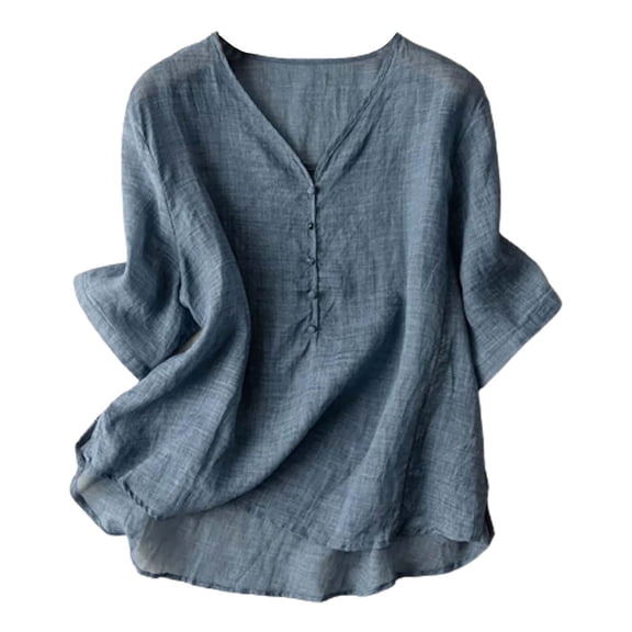 Womens Shirts Cotton Linen Plus Size Loose Elegant Spring Summer T Shirts for Women Blue L