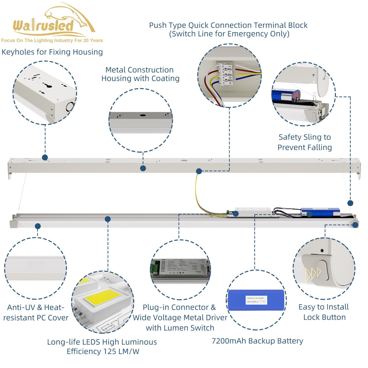 4FT LED Linear Strip Light 20W Emergency Output Battery Backup Dimmable, 3 CCT Selectable, FCC