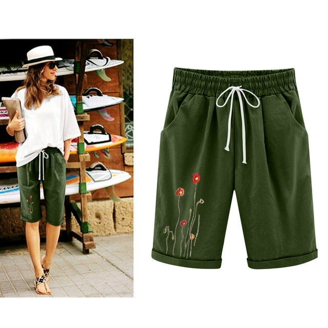LOVZFMLL Shorts d'Été Décontractés Imprimés pour Femmes avec Poches et Lacets Grande Taille Vert Armée